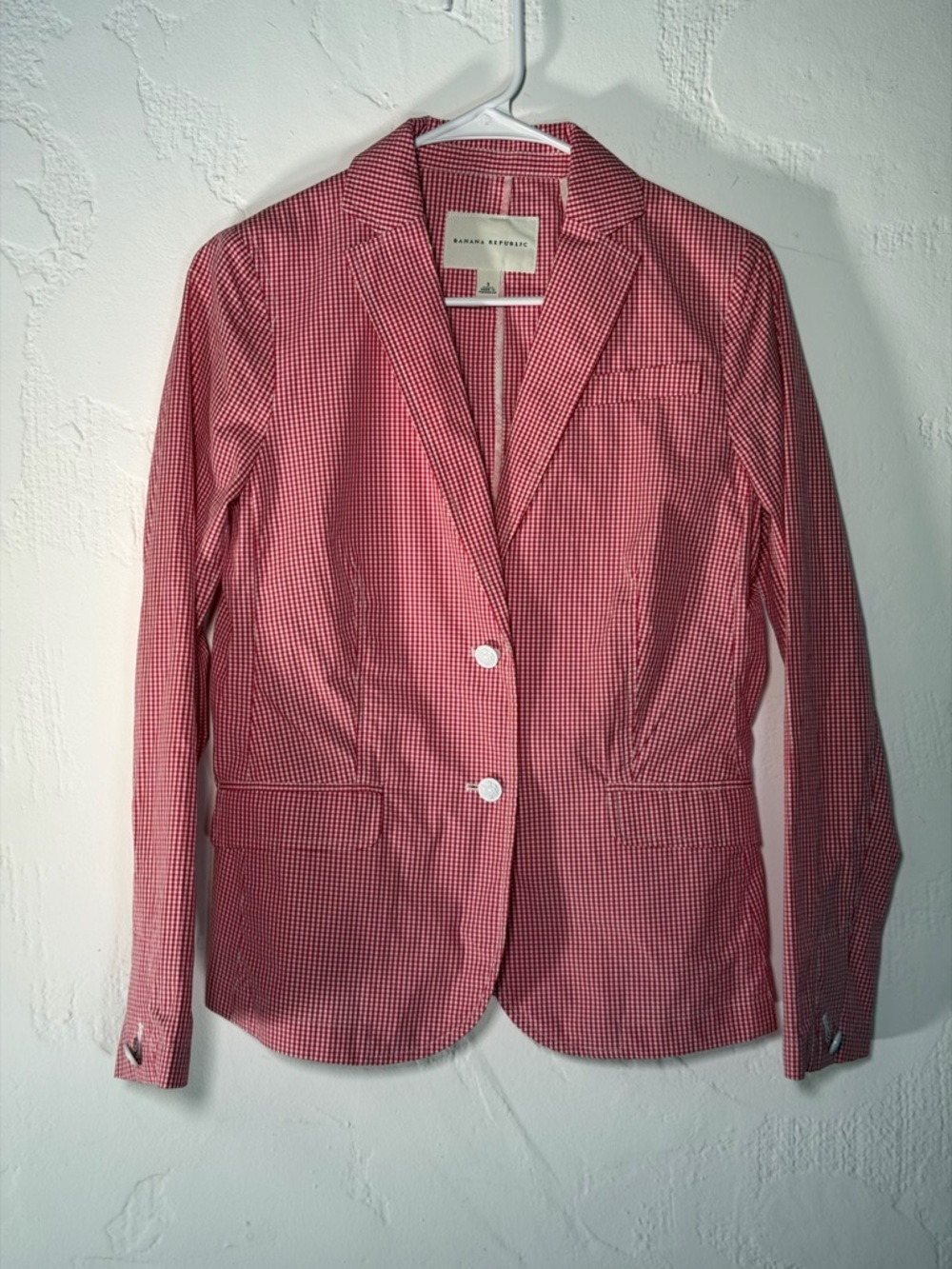 Banana Republic Pinkish Red and White Gingham Tailored Summer Cotton Blazer S